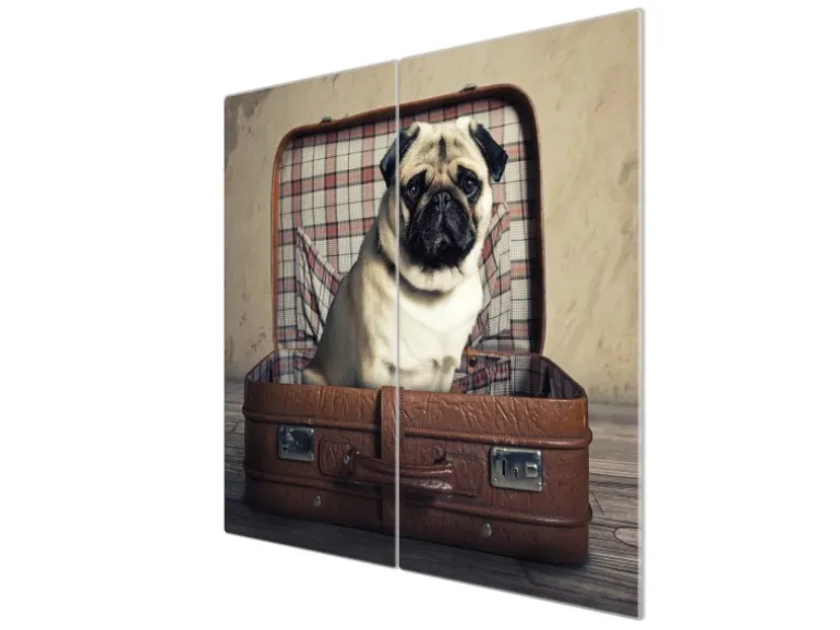 Banjado Herdabdeckplatte Glas 2 Teilig Je 30x52CM Schneidebrett Herdabdeckung Mit Motiv Mops Im Koffer