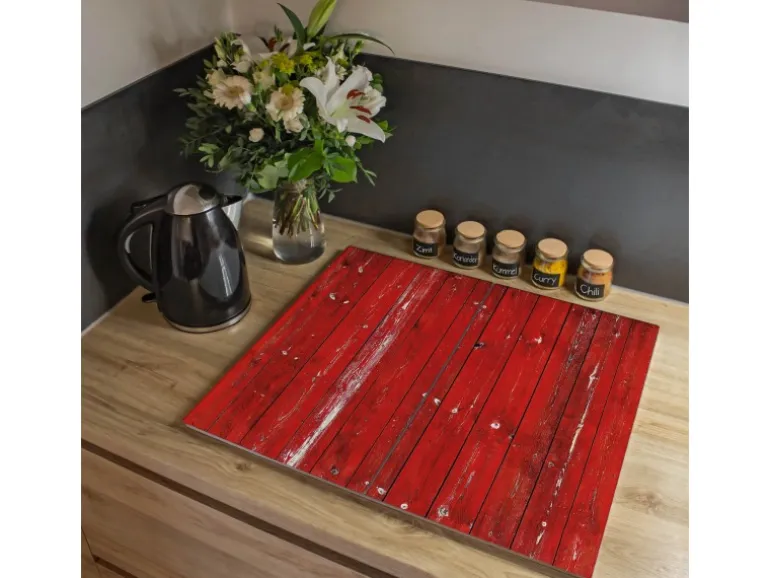 Banjado Herdabdeckplatte Glas 2 Teilig Je 30x52CM Schneidebrett Herdabdeckung Mit Motiv Rote Holzlatten