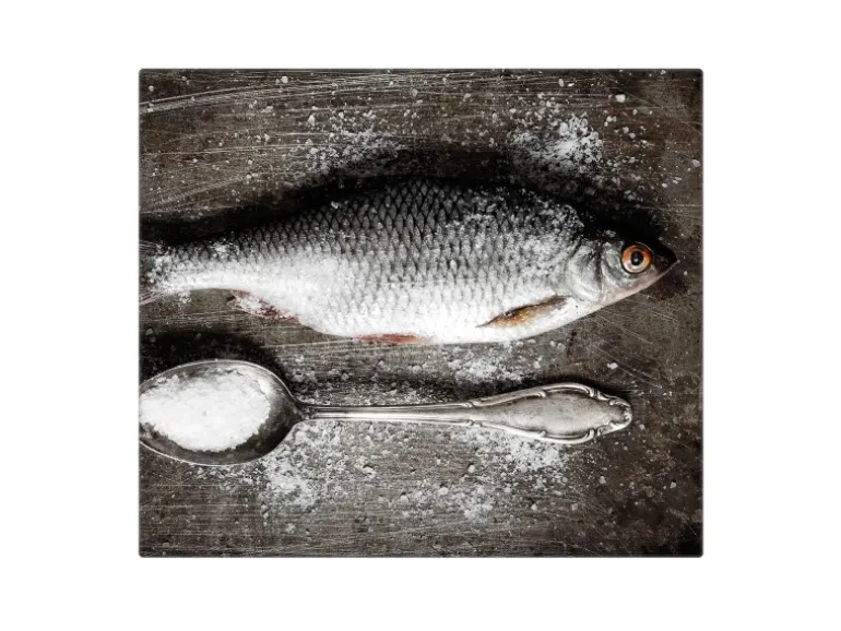 Banjado Herdabdeckplatte Glas 1 Teilig 60x52CM Schneidebrett Herdabdeckung Mit Motiv Fisch Und Salz
