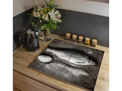 Banjado Herdabdeckplatte Glas 2 Teilig Je 30x52CM Schneidebrett Herdabdeckung Mit Motiv Fisch Und Salz