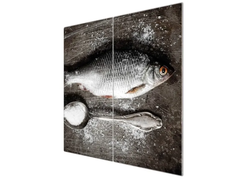 Banjado Herdabdeckplatte Glas 2 Teilig Je 30x52CM Schneidebrett Herdabdeckung Mit Motiv Fisch Und Salz