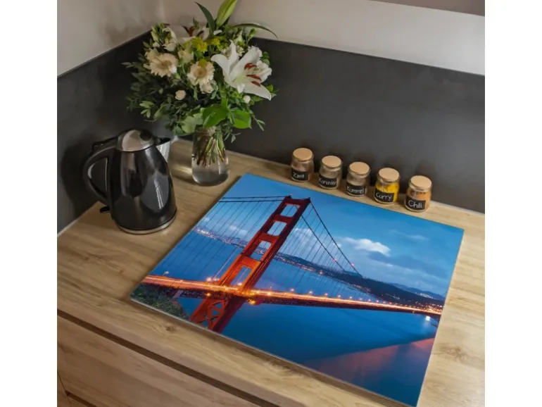 Banjado Herdabdeckplatte Glas 1 Teilig 60x52CM Schneidebrett Herdabdeckung Mit Motiv Golden Gate Bridge