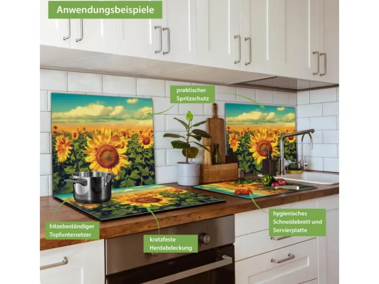 Banjado Herdabdeckplatte Glas 1 Teilig 60x52CM Schneidebrett Herdabdeckung Mit Motiv Sonnenblumen