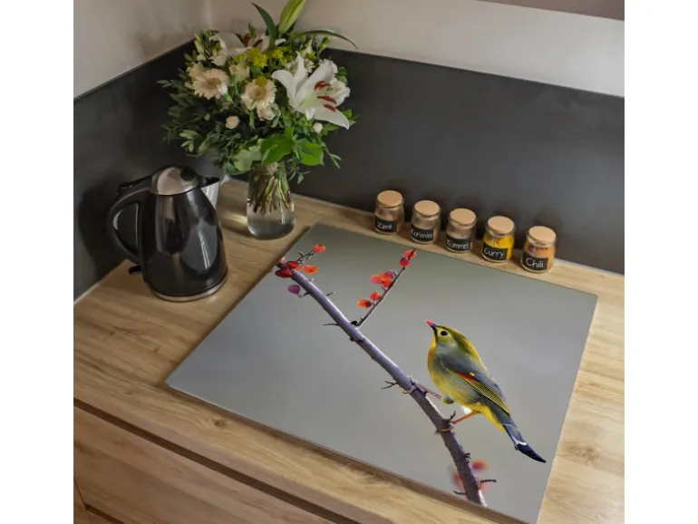 Banjado Herdabdeckplatte Glas 1 Teilig 60x52CM Schneidebrett Herdabdeckung Mit Motiv Herbst Vogel