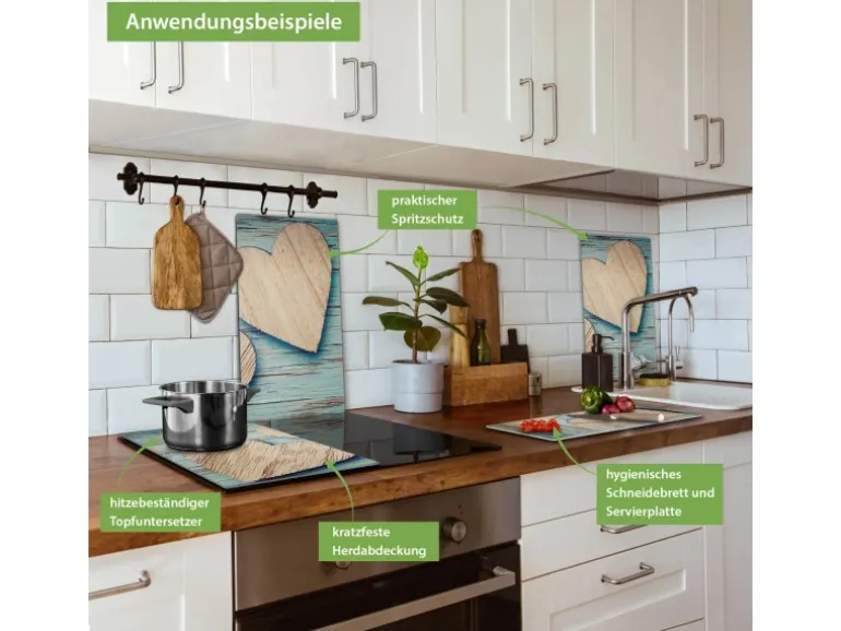 Banjado Herdabdeckplatte Glas 2 Teilig Je 30x52CM Schneidebrett Herdabdeckung Mit Motiv Holz Herzen