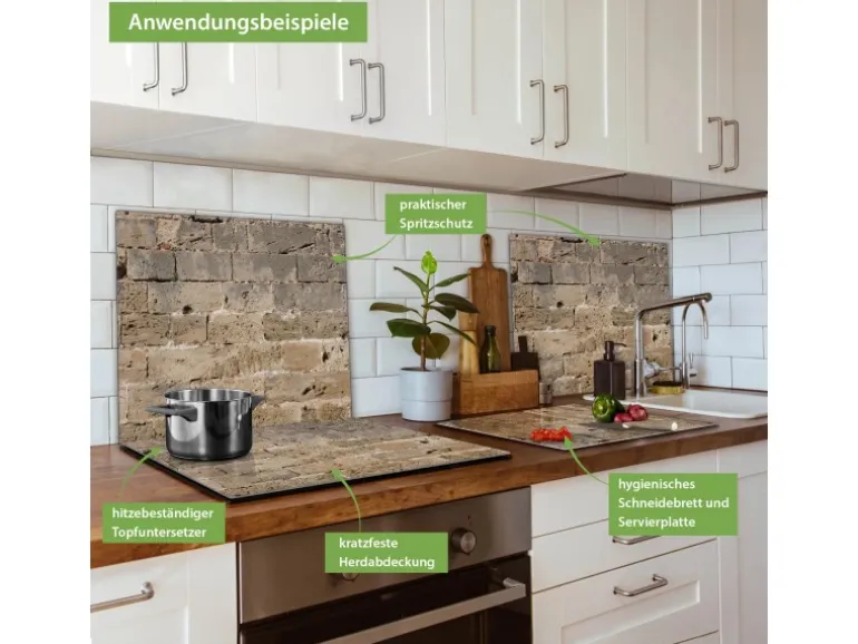 Banjado Herdabdeckplatte Glas 1 Teilig 60x52CM Schneidebrett Herdabdeckung Mit Motiv Steinwand Antik