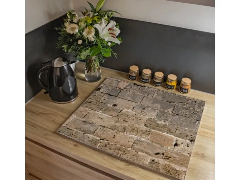 Banjado Herdabdeckplatte Glas 1 Teilig 60x52CM Schneidebrett Herdabdeckung Mit Motiv Steinwand Antik