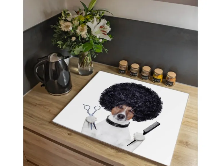 Banjado Herdabdeckplatte Glas 1 Teilig 60x52CM Schneidebrett Herdabdeckung Mit Motiv Friseur Jack Russel