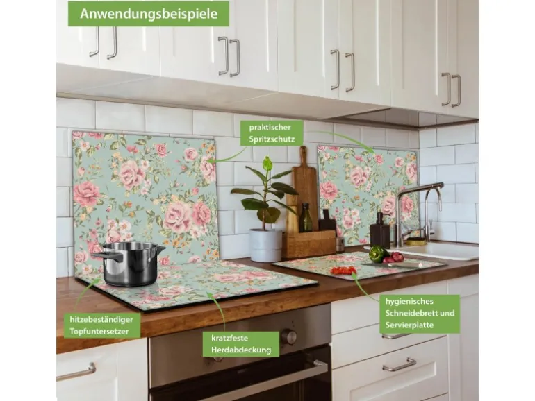 Banjado Herdabdeckplatte Glas 1 Teilig 60x52CM Schneidebrett Herdabdeckung Mit Motiv Altrosa Blume