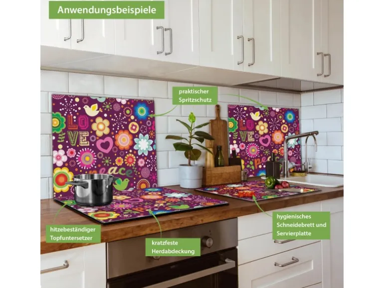 Banjado Herdabdeckplatte Glas 1 Teilig 60x52CM Schneidebrett Herdabdeckung Mit Motiv Love And Peace