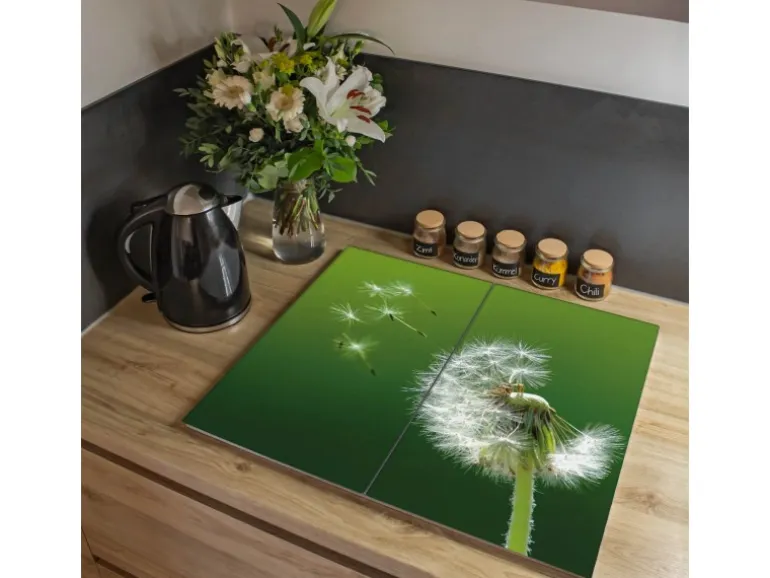 Banjado Herdabdeckplatte Glas 2 Teilig Je 30x52CM Schneidebrett Herdabdeckung Mit Motiv Pusteblume