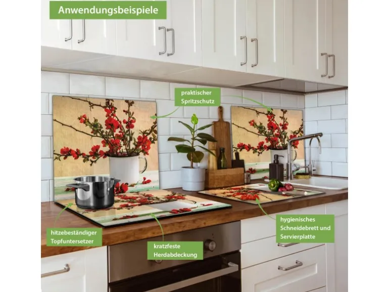 Banjado Herdabdeckplatte Glas 1 Teilig 60x52CM Schneidebrett Herdabdeckung Mit Motiv Berberitzen