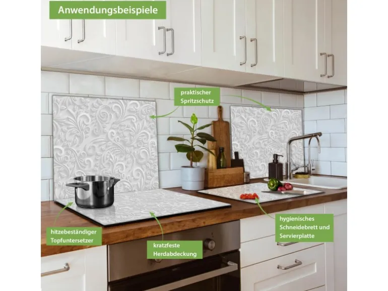 Banjado Herdabdeckplatte Glas 1 Teilig 60x52CM Schneidebrett Herdabdeckung Mit Motiv White Swirl