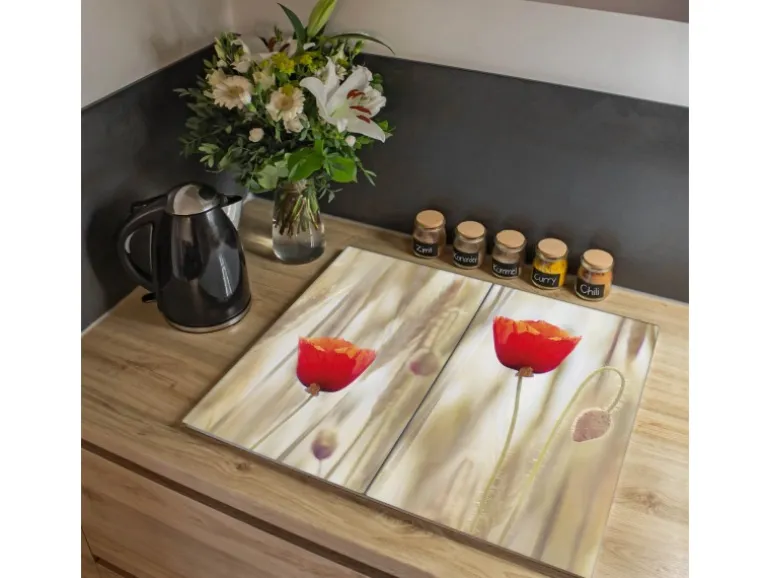 Banjado Herdabdeckplatte Glas 2 Teilig Je 30x52CM Schneidebrett Herdabdeckung Mit Motiv Klatschmohn