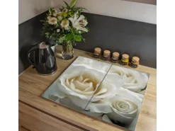 Banjado Herdabdeckplatte Glas 2 Teilig Je 30x52CM Schneidebrett Herdabdeckung Mit Motiv White Roses