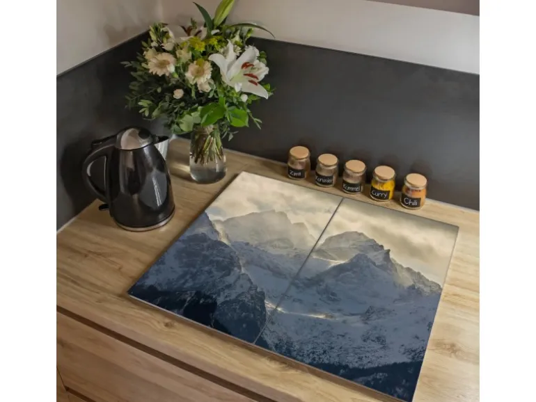 Banjado Herdabdeckplatte Glas 2 Teilig Je 30x52CM Schneidebrett Herdabdeckung Mit Motiv Alpen Im Sonnenschein