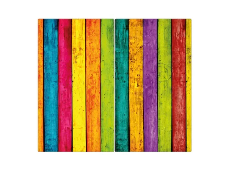 Banjado Herdabdeckplatte Glas 2 Teilig Je 30x52CM Schneidebrett Herdabdeckung Mit Motiv Bunte Holzlatten