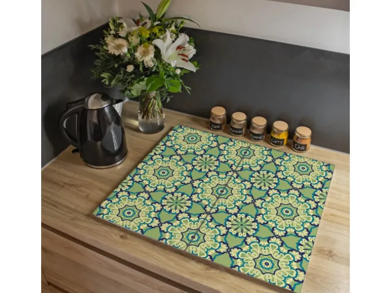Banjado Herdabdeckplatte Glas 2 Teilig Je 30x52CM Schneidebrett Herdabdeckung Mit Motiv Kaleidoscop Grün