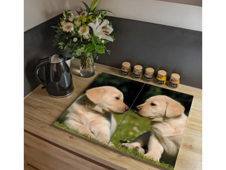 Banjado Herdabdeckplatte Glas 2 Teilig Je 30x52CM Schneidebrett Herdabdeckung Mit Motiv Labrador
