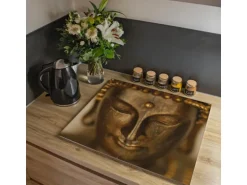 Banjado Herdabdeckplatte Glas 2 Teilig Je 30x52CM Schneidebrett Herdabdeckung Mit Motiv Buddha Gold