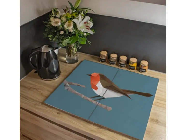 Banjado Herdabdeckplatte Glas 2 Teilig Je 30x52CM Schneidebrett Herdabdeckung Mit Motiv Abstrakter Vogel