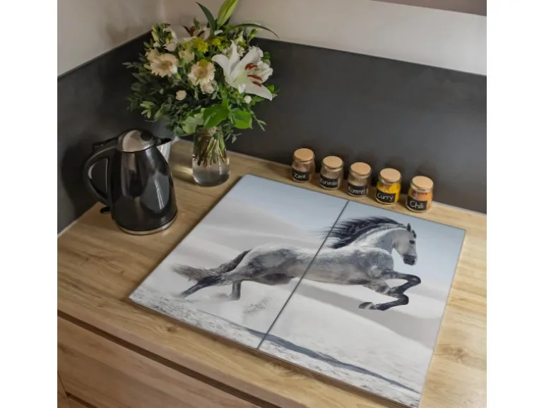 Banjado Herdabdeckplatte Glas 2 Teilig Je 30x52CM Schneidebrett Herdabdeckung Mit Motiv Wildes Pferd