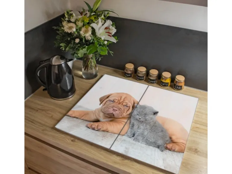 Banjado Herdabdeckplatte Glas 2 Teilig Je 30x52CM Schneidebrett Herdabdeckung Mit Motiv Hund Und Katze
