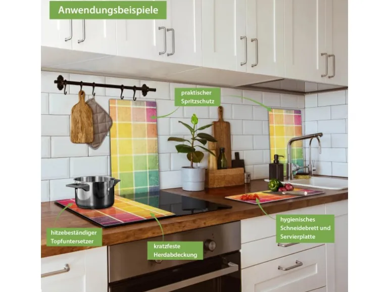 Banjado Herdabdeckplatte Glas 2 Teilig Je 30x52CM Schneidebrett Herdabdeckung Mit Motiv Bunte Glasbausteine