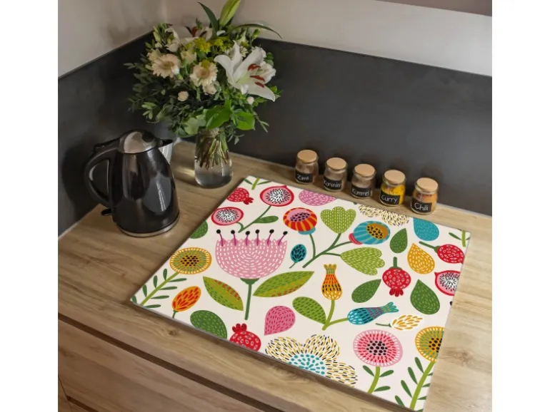 Banjado Herdabdeckplatte Glas 1 Teilig 60x52CM Schneidebrett Herdabdeckung Mit Motiv Rosa Kelch Hell