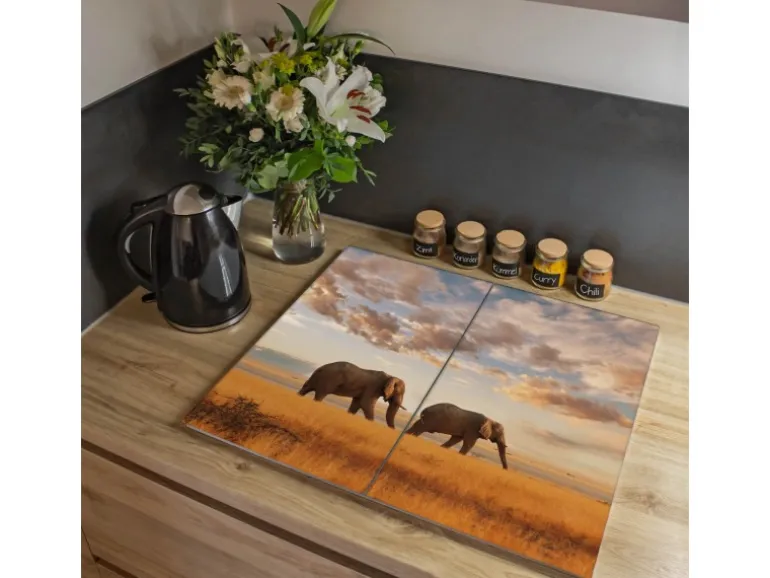 Banjado Herdabdeckplatte Glas 2 Teilig Je 30x52CM Schneidebrett Herdabdeckung Mit Motiv Elefanten