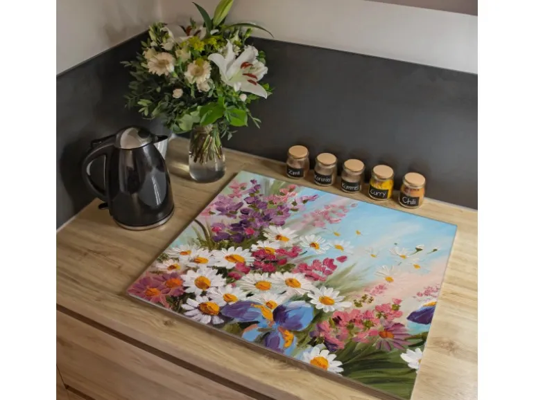 Banjado Herdabdeckplatte Glas 1 Teilig 60x52CM Schneidebrett Herdabdeckung Mit Motiv Sommerstrauss