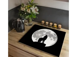 Banjado Herdabdeckplatte Glas 1 Teilig 60x52CM Schneidebrett Herdabdeckung Mit Motiv Heulender Wolf Sw