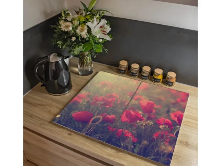 Banjado Herdabdeckplatte Glas 2 Teilig Je 30x52CM Schneidebrett Herdabdeckung Mit Motiv Mohn