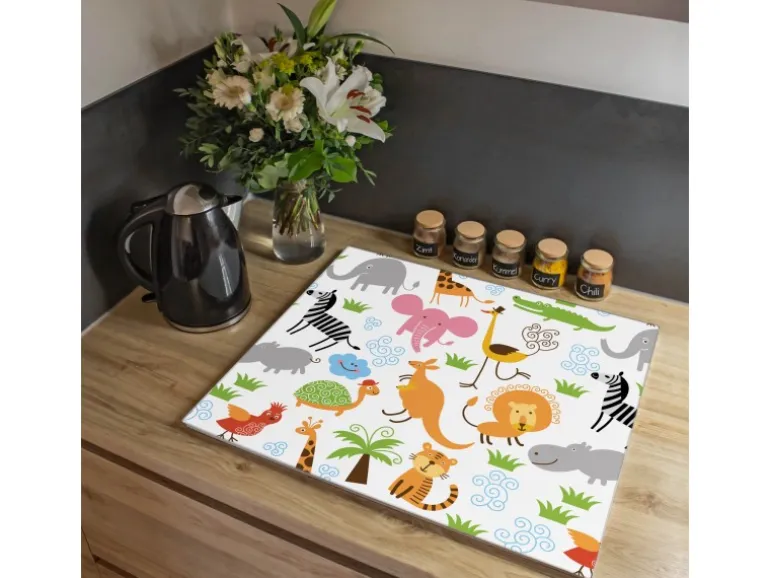 Banjado Herdabdeckplatte Glas 1 Teilig 60x52CM Schneidebrett Herdabdeckung Mit Motiv Fröhliche Tiere