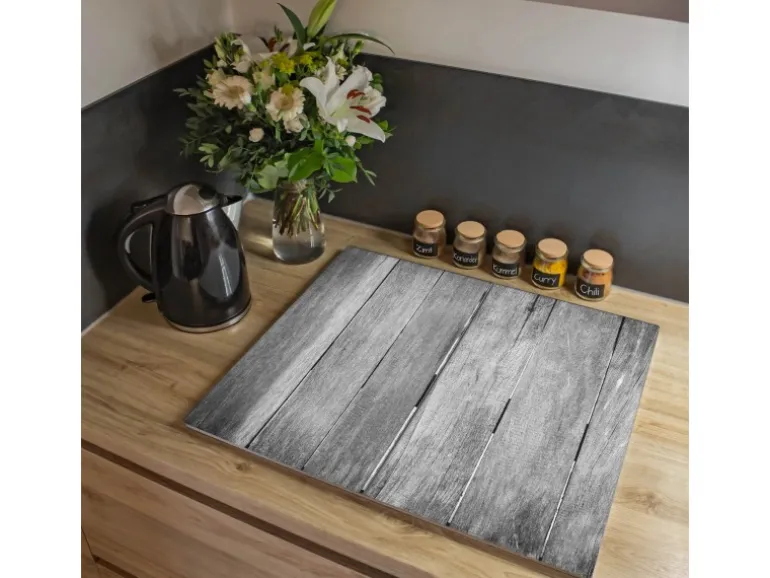 Banjado Herdabdeckplatte Glas 2 Teilig Je 30x52CM Schneidebrett Herdabdeckung Mit Motiv Holz Monochrom
