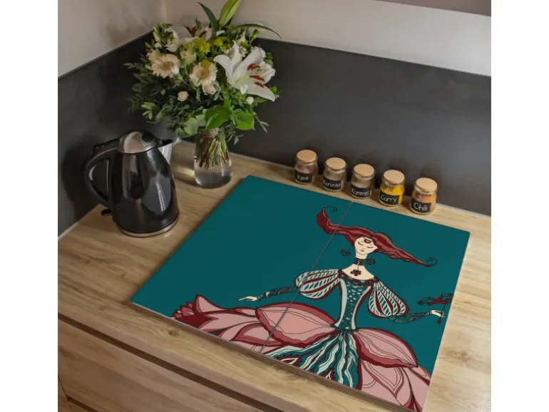 Banjado Herdabdeckplatte Glas 2 Teilig Je 30x52CM Schneidebrett Herdabdeckung Mit Motiv Miss Chantal