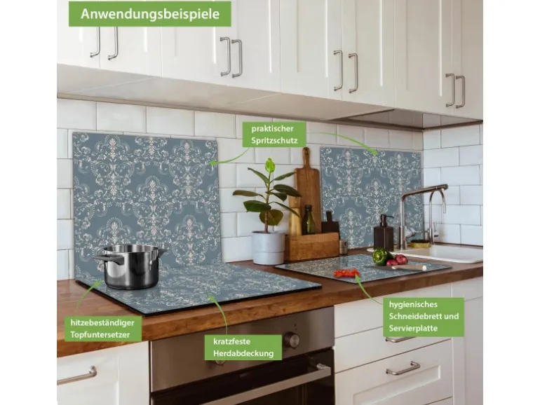 Banjado Herdabdeckplatte Glas 1 Teilig 60x52CM Schneidebrett Herdabdeckung Mit Motiv Royal Creme Blau