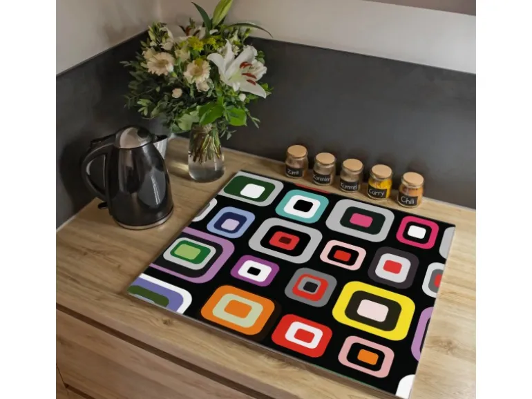 Banjado Herdabdeckplatte Glas 1 Teilig 60x52CM Schneidebrett Herdabdeckung Mit Motiv Retro