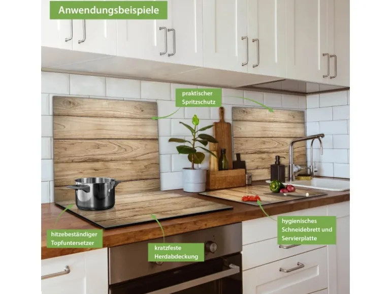 Banjado Herdabdeckplatte Glas 1 Teilig 60x52CM Schneidebrett Herdabdeckung Mit Motiv Holzplanken