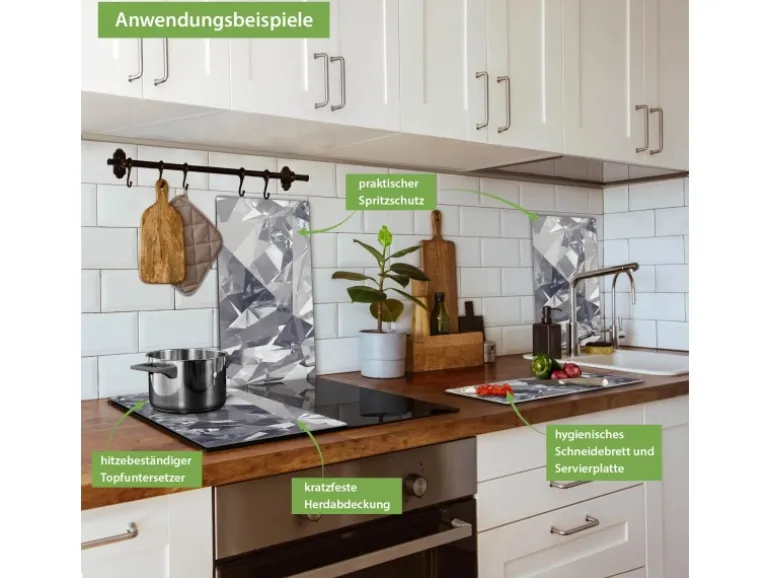 Banjado Herdabdeckplatte Glas 2 Teilig Je 30x52CM Schneidebrett Herdabdeckung Mit Motiv Facetten Monochrome