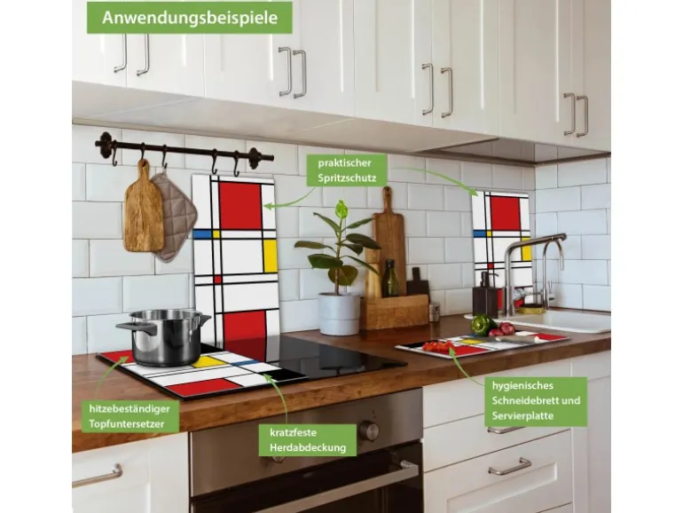 Banjado Herdabdeckplatte Glas 2 Teilig Je 30x52CM Schneidebrett Herdabdeckung Mit Motiv Rot Gelb Blau