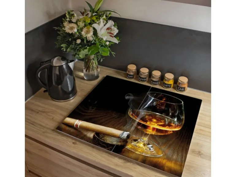 Banjado Herdabdeckplatte Glas 2 Teilig Je 30x52CM Schneidebrett Herdabdeckung Mit Motiv Whiskey & Cigar
