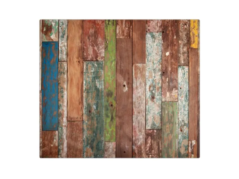 Banjado Herdabdeckplatte Glas 1 Teilig 60x52CM Schneidebrett Herdabdeckung Mit Motiv Buntes Holz