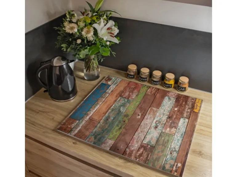 Banjado Herdabdeckplatte Glas 1 Teilig 60x52CM Schneidebrett Herdabdeckung Mit Motiv Buntes Holz