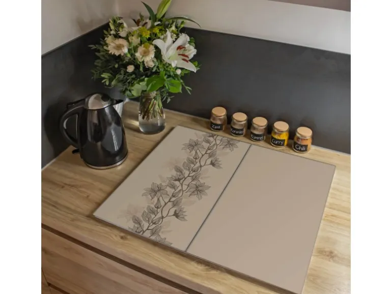 Banjado Herdabdeckplatte Glas 2 Teilig Je 30x52CM Schneidebrett Herdabdeckung Mit Motiv Baumwollblüte Monochrom
