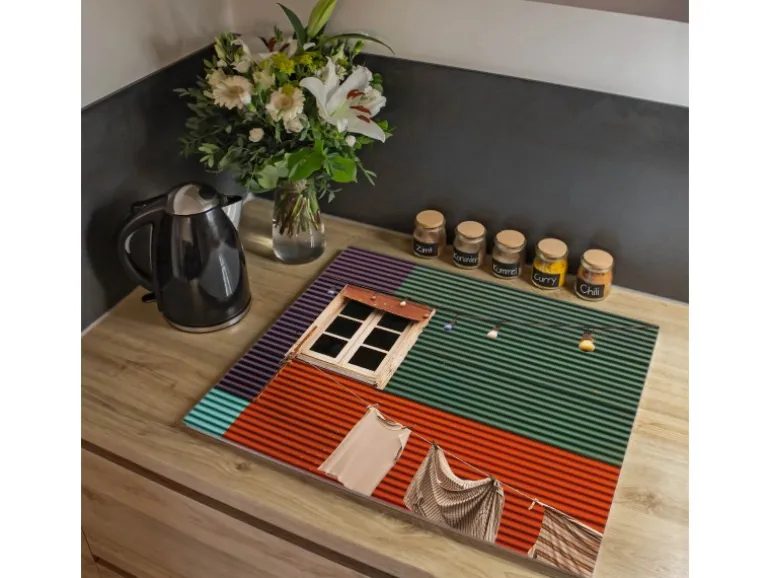 Banjado Herdabdeckplatte Glas 1 Teilig 60x52CM Schneidebrett Herdabdeckung Mit Motiv Buntes Haus