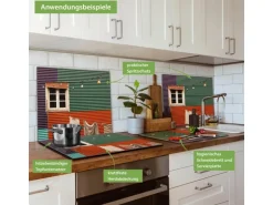 Banjado Herdabdeckplatte Glas 1 Teilig 60x52CM Schneidebrett Herdabdeckung Mit Motiv Buntes Haus