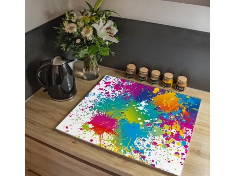Banjado Herdabdeckplatte Glas 1 Teilig 60x52CM Schneidebrett Herdabdeckung Mit Motiv Farbspritzer