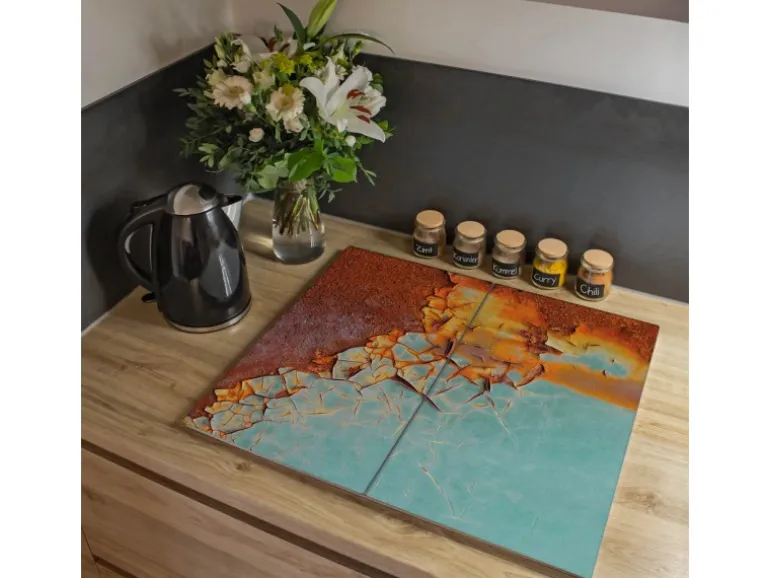 Banjado Herdabdeckplatte Glas 2 Teilig Je 30x52CM Schneidebrett Herdabdeckung Mit Motiv Rost Und Blau