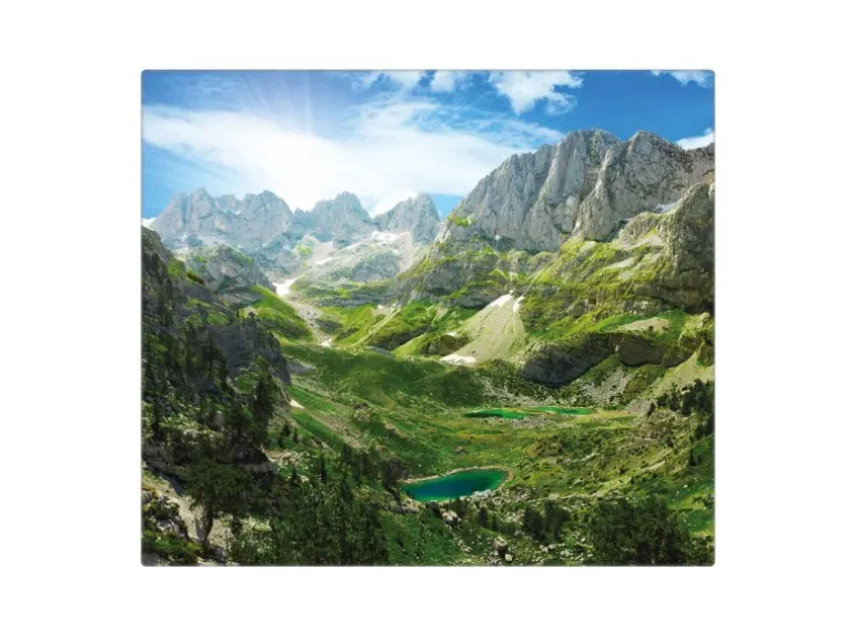 Banjado Herdabdeckplatte Glas 1 Teilig 60x52CM Schneidebrett Herdabdeckung Mit Motiv Bergsee Alpen